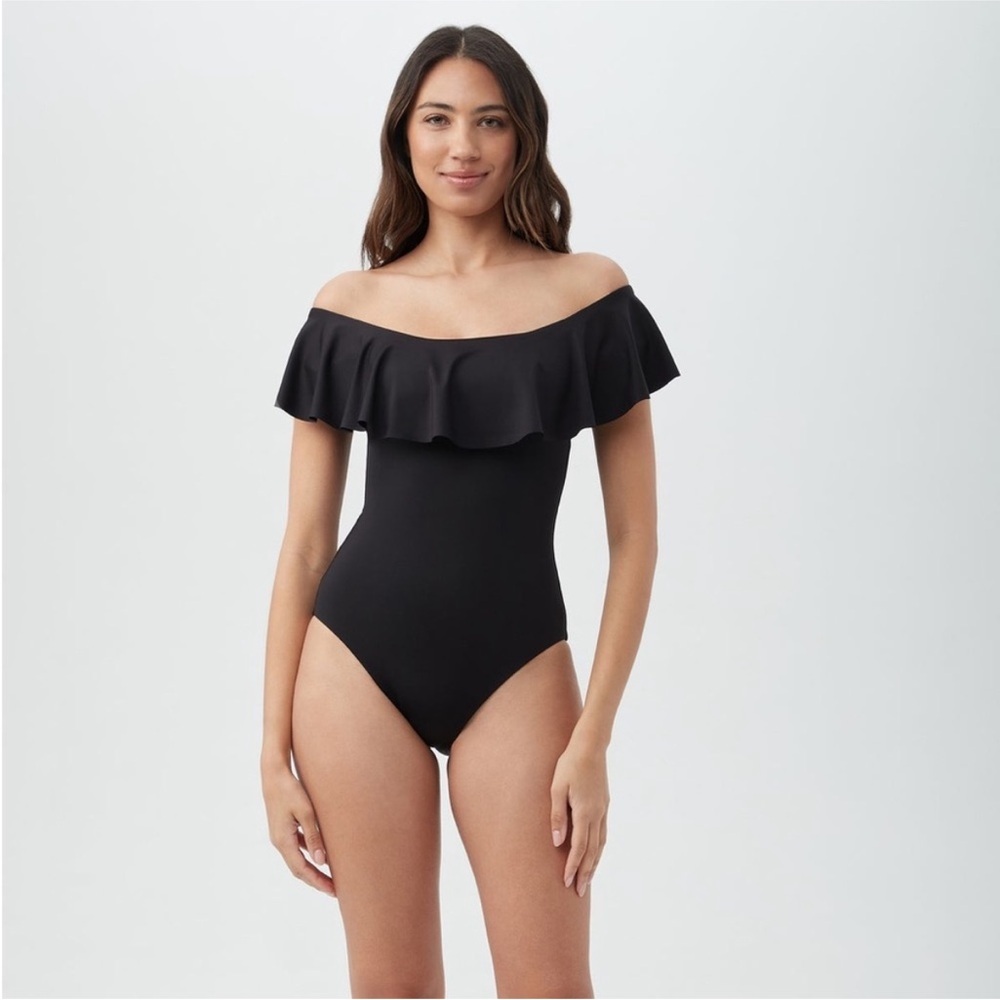Trina Turk One Piece Swimsuit Designer Monaco Off Shoulder Ruffle Black Size 10